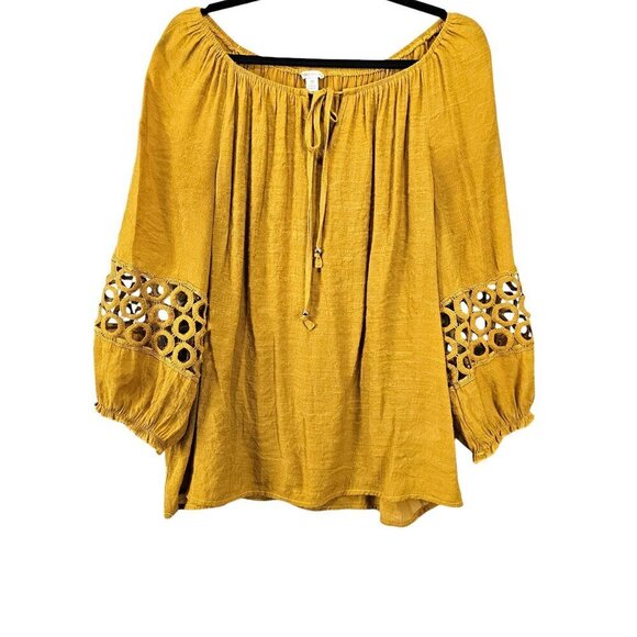 Cato Long Sleeve Crochet Eyelet Hobo Mustard Yellow Top - Picture 1 of 7